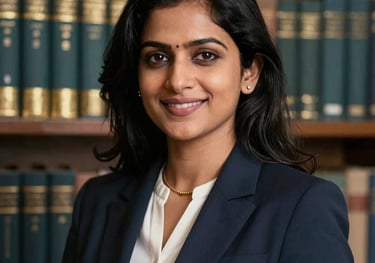 A professional portrait of a South Asian woman in elegant professional attire, smiling confidently. The background is a soft-focus library with gold and dark teal book spines.