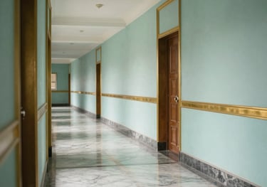 A bright photography shot of a modern, elegant school corridor in Pakistan with clean lines and gold accents. The floor is polished marble, reflecting soft dusty teal colors from the walls.