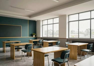 A crisp photograph of a modern classroom in Pakistan, featuring high ceilings and large windows. The furniture is minimalist and sophisticated, with gold and dark teal accents.