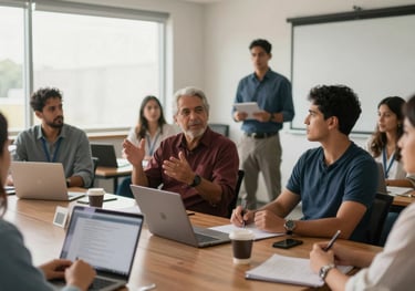 A group of South American / Brazilian professionals participating in a management workshop. Dynamic interaction, modern training room, soft morning light.