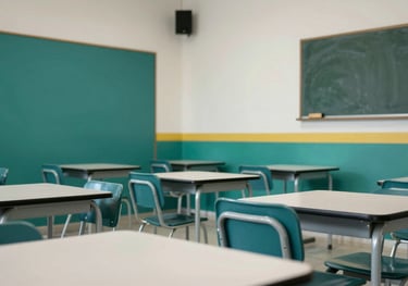 A bright classroom in South American / Brazilian style with modern furniture and teal decorative elements. Empty desks arranged for collaborative learning.