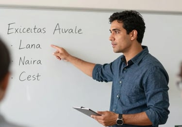 A South American / Brazilian instructor pointing to a whiteboard during a language class. Engaging composition, professional classroom setting, soft natural lighting.