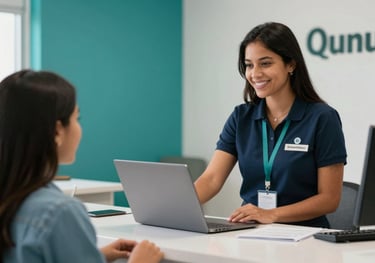 A friendly South American / Brazilian receptionist at a modern language school desk, assisting a student. Bright, teal-accented office interior, professional and welcoming.