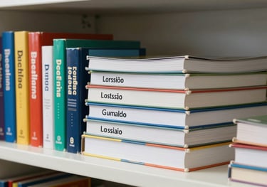 A focused shot of high-quality educational textbooks and language dictionaries stacked neatly on a white shelf in a South American / Brazilian school setting.