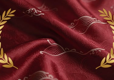 A close-up of deep red silk fabric with traditional Japanese wave patterns, representing protection and the warding off of misfortune.