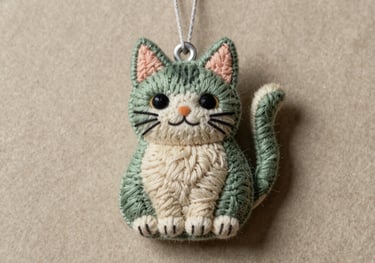 A top-down photograph of a handmade textile lucky cat charm in muted sage green and soft cream, resting on a textured handmade paper background.