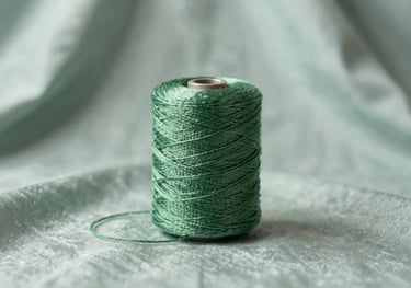 A minimalist composition showing a single green silk thread against a soft silver green fabric background, representing harmony and growth.