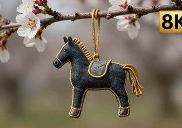 A close-up of a textile horse charm made from dark slate fabric with gold-tone thread accents, hanging from a budding cherry branch.