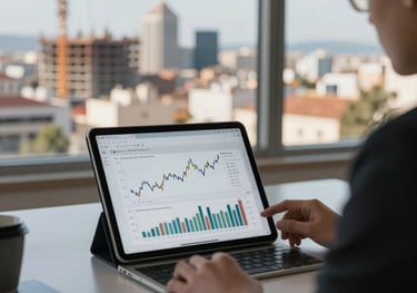 A professional desk view with a tablet showing financial charts and a view of a Spanish city skyline with construction cranes. Professional and ambitious mood.