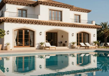 A luxury Mediterranean villa exterior with a swimming pool, reflecting a high-end Spanish lifestyle. Bright sunlight and blue skies.