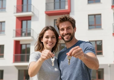 A Southern European couple smiling and holding keys in front of a new, modern apartment building with white walls and red decorative elements. Bright, high-key photography.