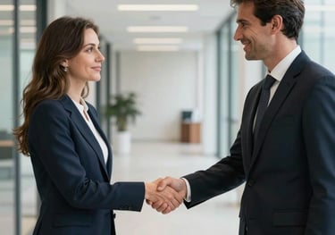 Two professionals in Southern European attire shaking hands in a bright corridor of a contemporary office building.