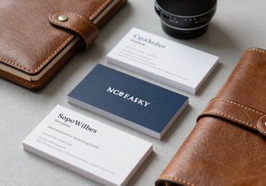 A collection of high-end business cards and a leather planner on a light gray surface. Elegant and organized.