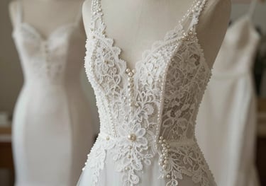 Bridal lingerie collection featuring white lace and pearls, soft focus romantic atmosphere, North American and European wedding style photography.