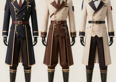 High-quality costume ensemble for role-play, focusing on the intricate details of the uniform, clean studio lighting, off-white background.