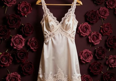A luxury babydoll dress in off-white silk and lace, hung on a golden hanger against a dark rose wall, soft lighting, sophisticated composition.