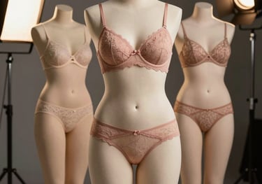 Professional studio photo of plus-size lingerie designed for European and North American body types, displayed on a high-end form, elegant lighting, professional atmosphere.