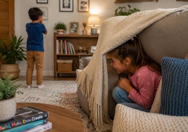 Children playing hide and seek inside on a rainy day.