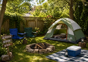 A backyard camping setup with a tent, fire pit, and picnic blanket is the perfect summer activity.