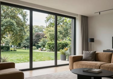 A modern, bright apartment interior with floor-to-ceiling windows overlooking a green London park. Minimalist furniture in tan and grey tones, soft natural daylight.