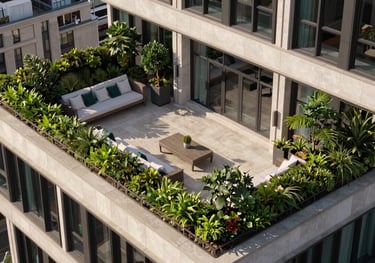 An aerial view of a luxury penthouse terrace in Chelsea, featuring manicured greenery and bespoke outdoor seating. Architectural photography with a crisp, high-end British aesthetic.