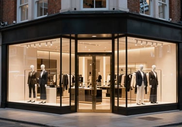 A stylish, upscale retail storefront on a premium London high street at twilight. Large glass windows with elegant lighting and a polished, professional atmosphere.