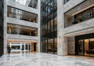 The interior of a sleek, modern commercial lobby in the City of London. High ceilings, marble floors, and glass accents. Sophisticated and professional atmosphere.