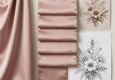Elegant photography of a design mood board featuring dusty rose silk samples, gold accents, and sketches of grand floral installments. North American / US interior design office style.
