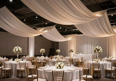 Commercial photography of a finished event hall in Atlanta featuring perfectly draped linens and sophisticated light installations. North American / US.