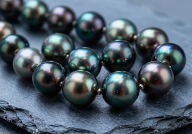 A collection of exotic Tahitian pearls in various shades of peacock green and charcoal grey, arranged artfully on a smooth Slate Blue stone surface.