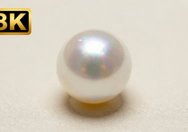Macro photography of the sharp, bright reflection on a white pearl, demonstrating superior lustre. The background is a soft Ivory Cream.