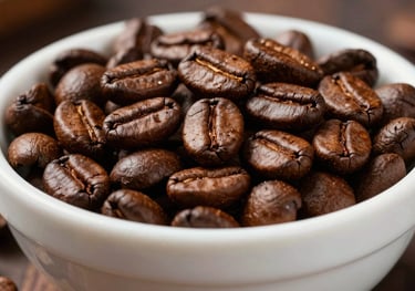 High-quality photography of medium-roast specialty coffee beans in a professional white ceramic bowl. The lighting highlights the uniform color and texture of the roast.