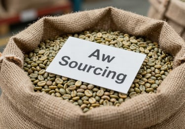 A close-up shot of a labeled burlap sack containing green coffee beans in a professional warehouse setting, emphasizing raw quality and direct sourcing.