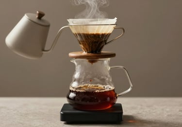 A lifestyle shot of a pour-over coffee setup on a minimalist taupe background. Steam rises from a glass server, suggesting freshness and specialty quality.