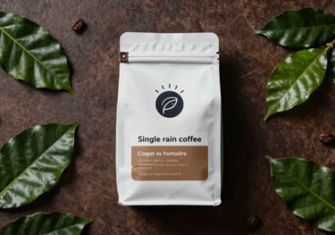 A professional flat lay of single-origin coffee packaging on a dark brown textured surface, surrounded by green coffee leaves, indicating origin and freshness.