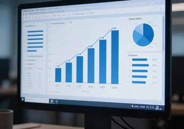 A high-end presentation of data charts on a computer screen in a dimly lit, sophisticated office. Focus on clarity and authority. Color palette of deep blue and light blue.