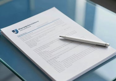 Professional financial documents and a stylus on a glass table. Minimalist, modern corporate aesthetic. Bright blue and off-white color scheme.