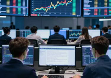 Detailed photography of a modern trading floor with professional analysts monitoring global data streams. Central European / Polish business environment. Deep blue corporate styling.