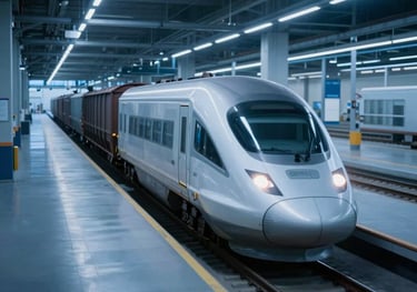Action shot of high-speed freight transport in a modern logistics hub. Artistic motion blur with professional deep blue lighting. Central European infrastructure.