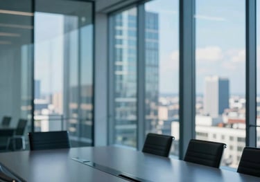 A sleek, modern glass meeting room in a Polish skyscraper, with a blurred view of the city. Authoritative and clean composition. Deep blue and bright blue highlights.