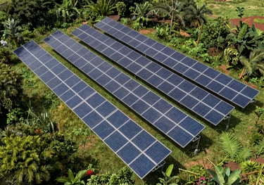 An aerial photograph of a sustainable solar power installation surrounded by lush West African greenery, symbolizing ecological innovation.