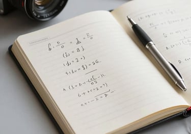 A crisp, clean workspace with a neat notebook, a pen, and an open scientific journal page showing structured equations.