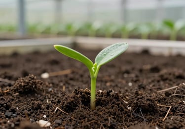 A macro shot of a green sprout emerging from rich dark soil inside a clean research greenhouse, illuminated by soft natural light.