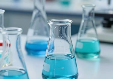 A close-up photograph of laboratory glassware filled with blue and teal chemical solutions, set against a clean, clinical research background.