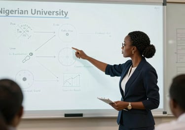 A professional classroom setting in a Nigerian university with a female lecturer pointing to a clean digital whiteboard showing scientific diagrams.