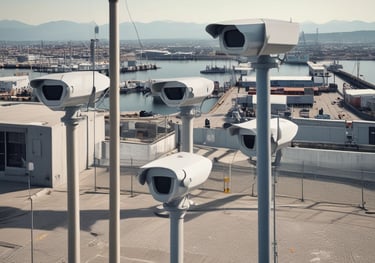 telecamere di sicurezza esterne garantiscono la sorveglianza di un trafficato porto