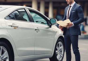 Un uomo d'affari in giacca e cravatta esamina i documenti di un veicolo accanto a una berlina bianca