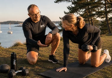 Coach sportif accompagnant une séance de renforcement fonctionnel dans le Golfe du Morbihan