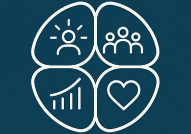 White line icons for leadership, team collaboration, growth charts, and heart health on a blue background.