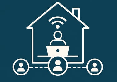 A minimalist icon showing a person working from home with high-speed internet connecting to a remote team.